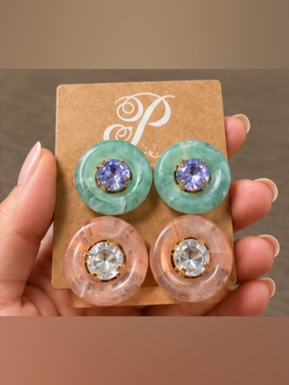 Resin Hoop Earrings with Gem Center - Seafoam Green & Peach - Picture 5 of 5